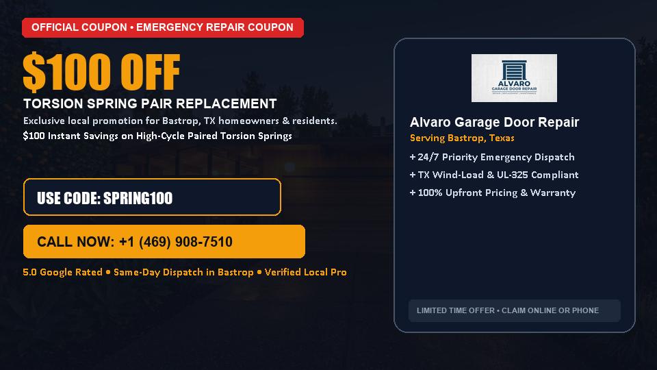 $100 OFF Dual High-Cycle Torsion Spring Replacement in Bastrop, TX - Alvaro Garage Door Repair