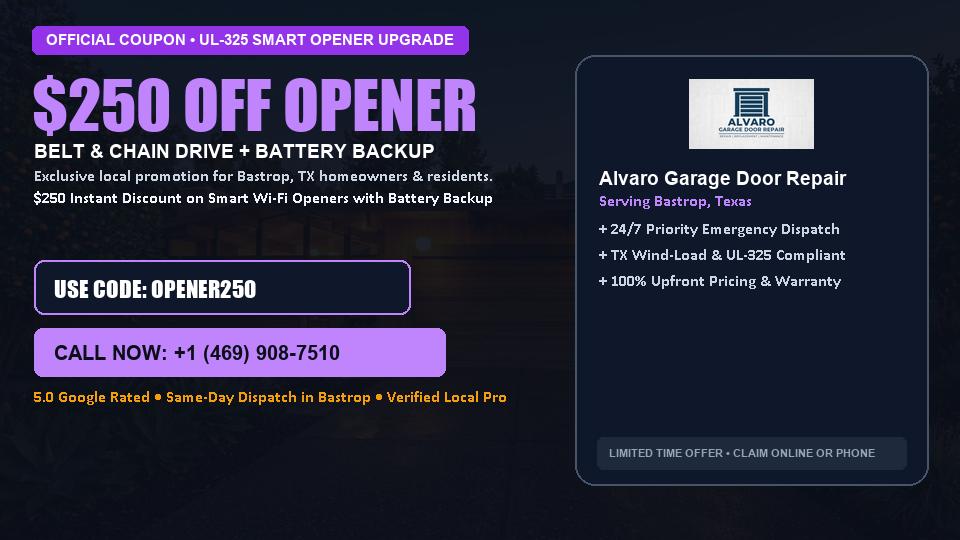 $250 OFF Smart Wi-Fi Garage Door Opener Installation in Bastrop, TX - Alvaro Garage Door Repair